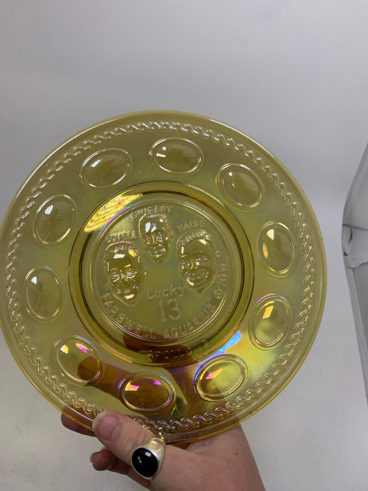 VTG AMBER IRIDESCENT GLASS APOLLO 13 MOON MISSION PLATE.