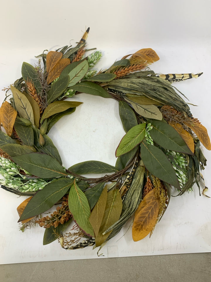 FAUX GREEN/ORANGE LEAVES + FEATHERS.