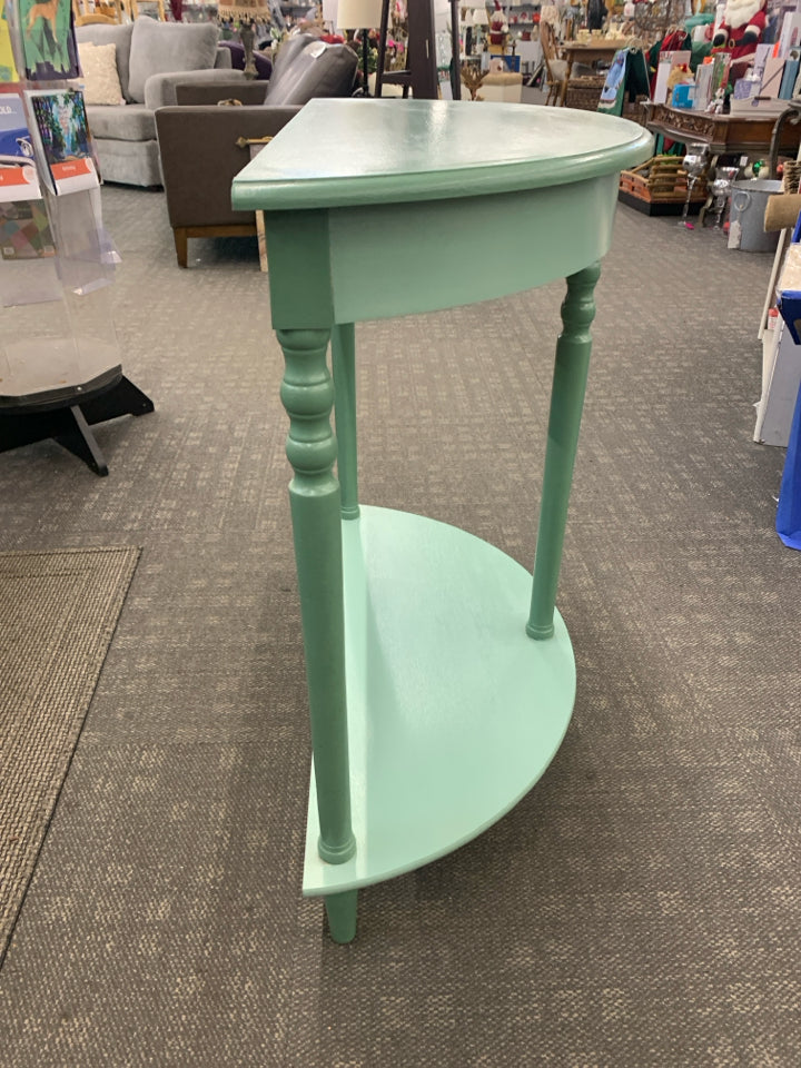 TEAL PAINTED HALF MOON TABLE.