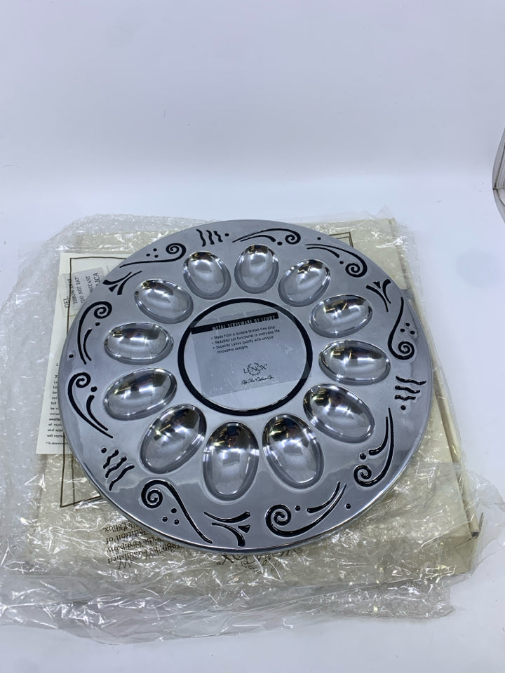 NIB SILVER METAL DEVILED EGG TRAY W/ CARVED DESIGNS.