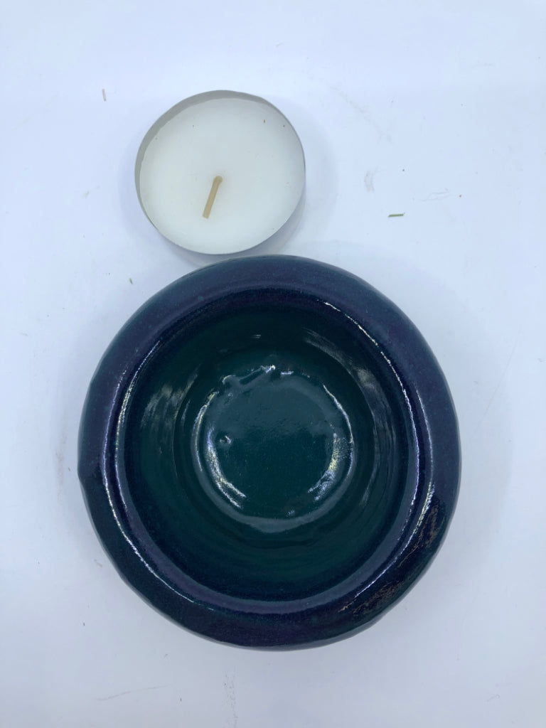 2-TONED POTTERY CANDLE HOLDER GREEN/BLUE.