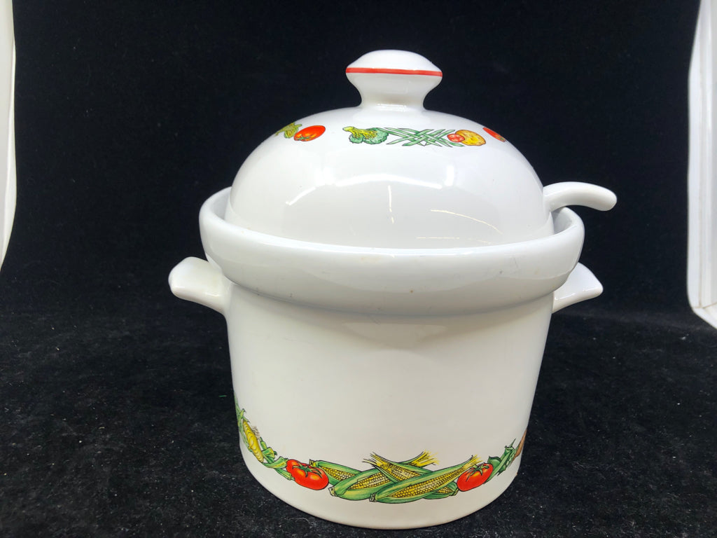 WHITE CAMPBELLS SOUP TUREEN, LID & SPOON.