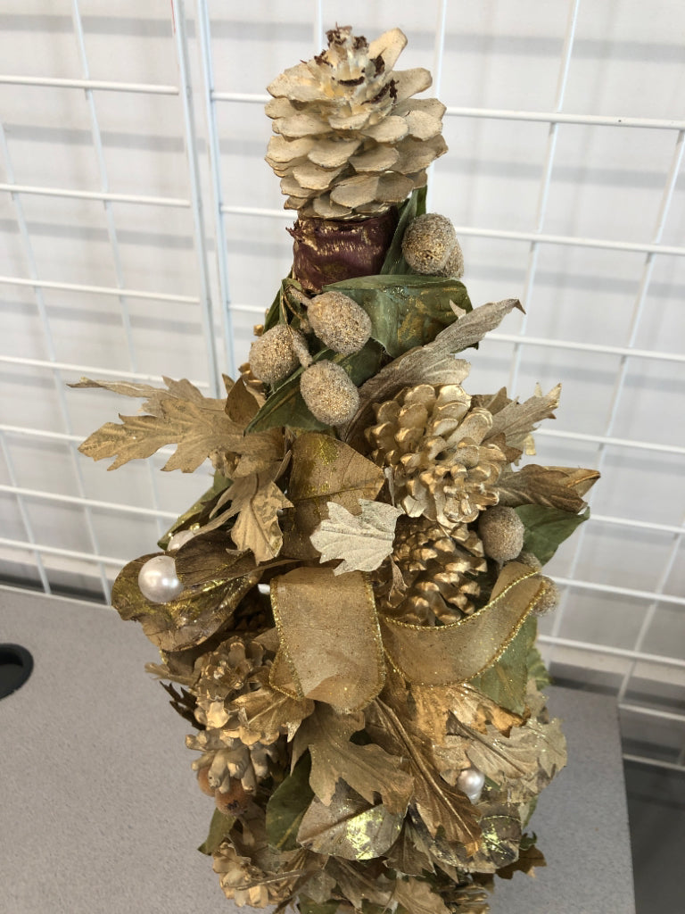 GOLD PINECONE AND LEAF TREE IN GOLD CERAMIC POT.
