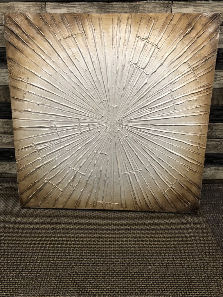 LARGE GREY AND SILVER FLOWER PAINTING ON CANVAS.