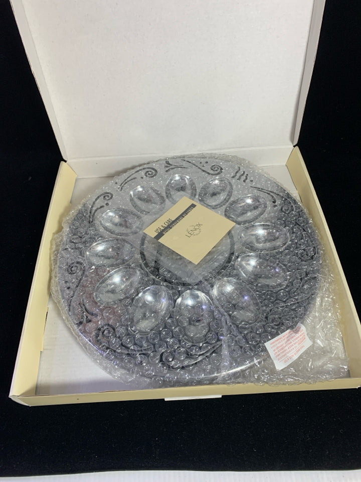 NIB SILVER METAL DEVILED EGG TRAY W/ CARVED DESIGNS.