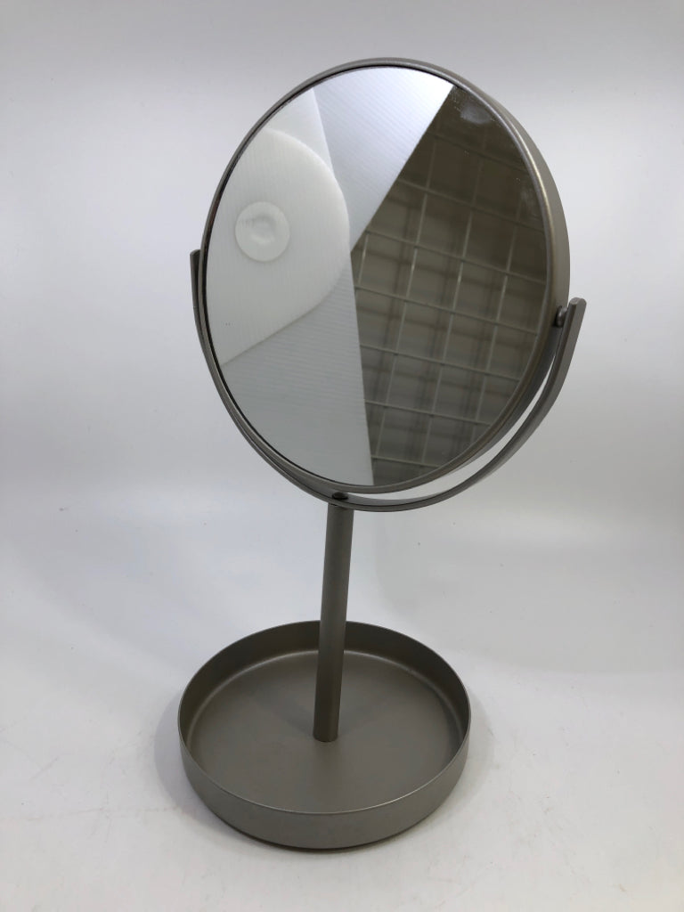 SILVER METAL MIRROR W/ DISH ON BOTTOM.