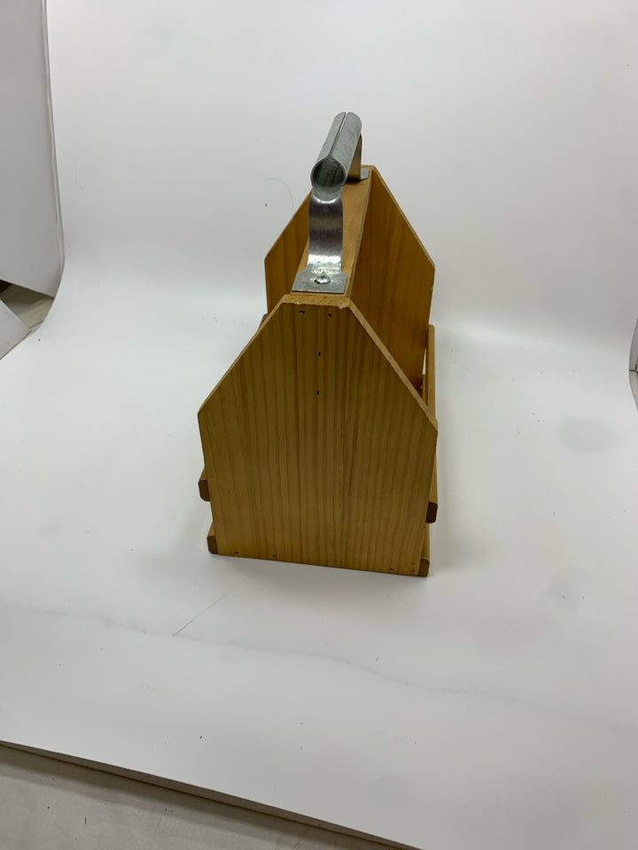 WOODEN BEER CADDY W BEER OPENER.