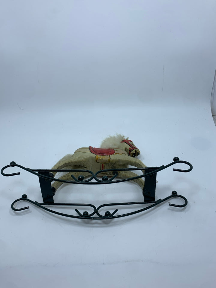 VTG WOODEN ROCKING HORSE W/GREEN METAL BASE.