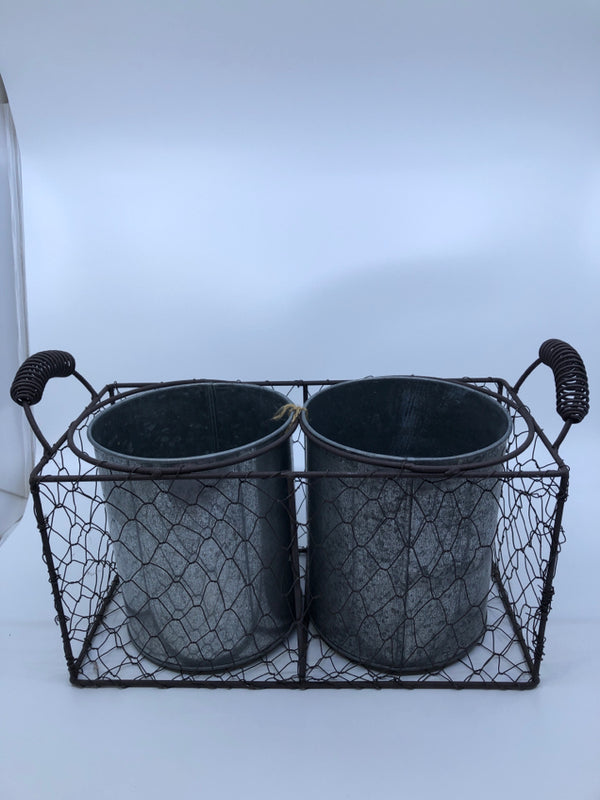METAL WIRE BASKET W/2 METAL CANISTER PLANTER.