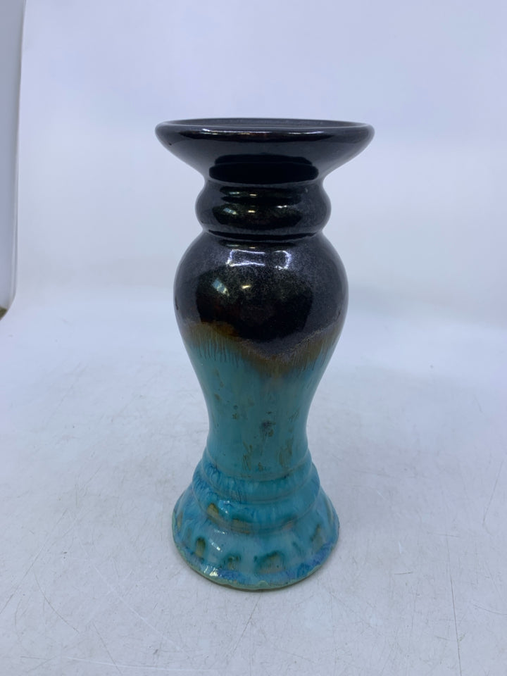 LIGHT BLUE/BROWN CERAMIC TAPER/PILLAR CANDLE HOLDER.