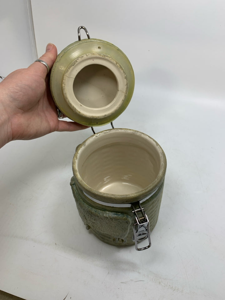 PALE GREEN EMBOSSED SHEEP CANISTER.
