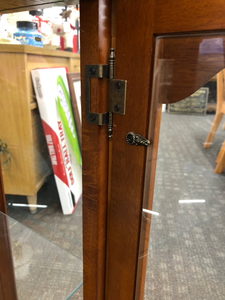 CURIO CABINET W/LIGHTS & GLASS SHELVES.