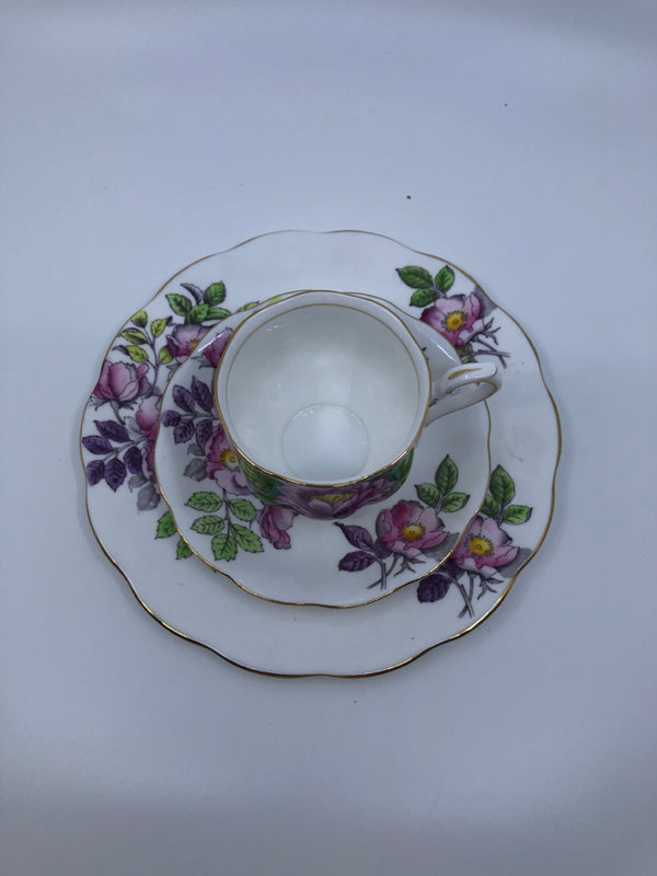 3PC FLOWER OF THE MONTH DOG ROSE PINK FLOWER TEACUP, SAUCER AND PLATE SET.
