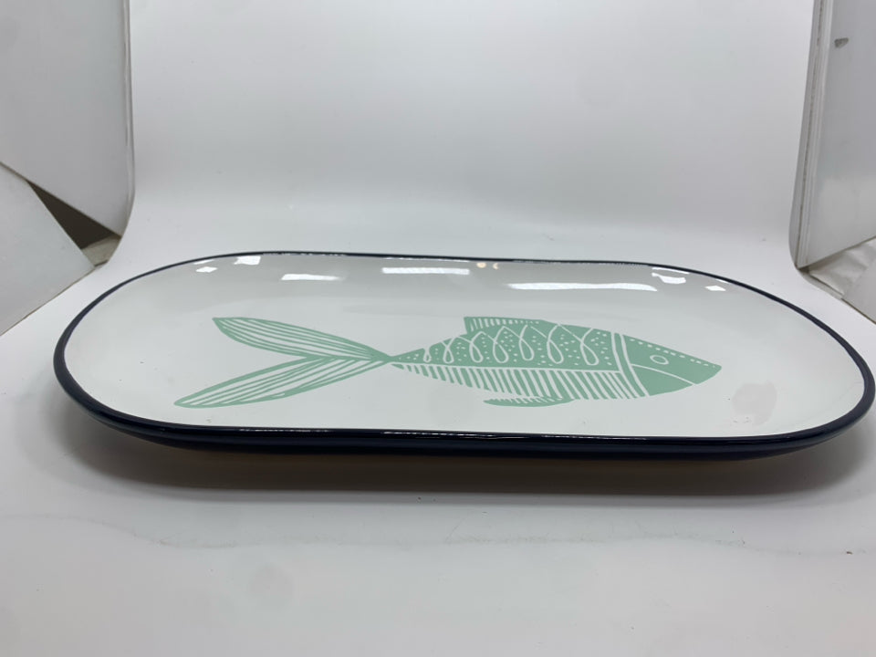TEAL FISH PAINTED PLATTER W/BLACK RIM.