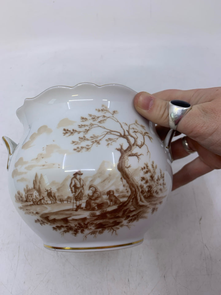 VTG GERMAN WHITE W/ FARM SCENE GOLD EDGES.