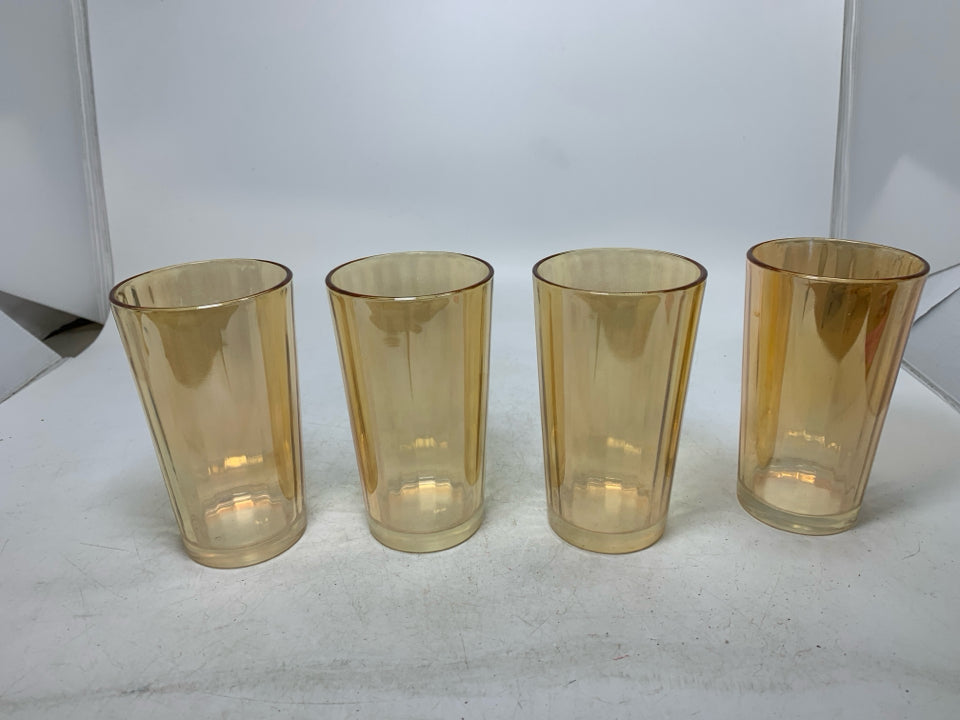 4 VTG RIBBED MARIGOLD COLORED JUICE TUMBLERS.