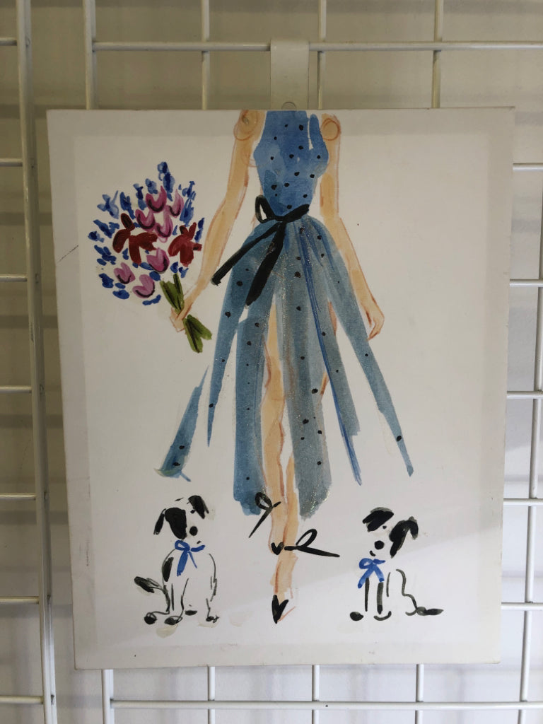 GIRL IN BLUE DRESS W DOGS.