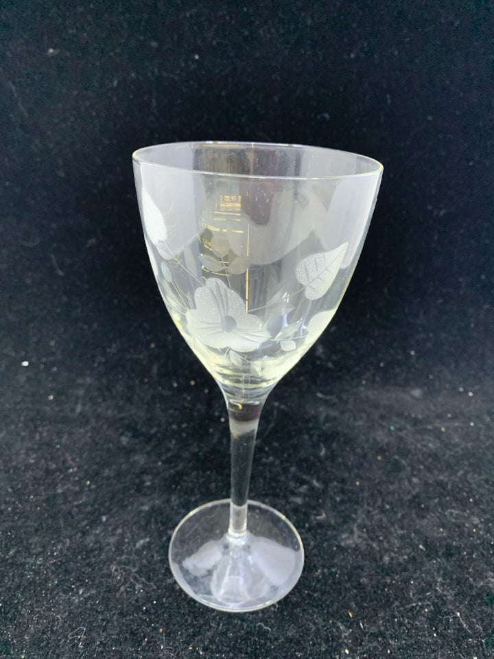 4 LIGHT WHITE ETCHED FLORAL WINE GLASSES.