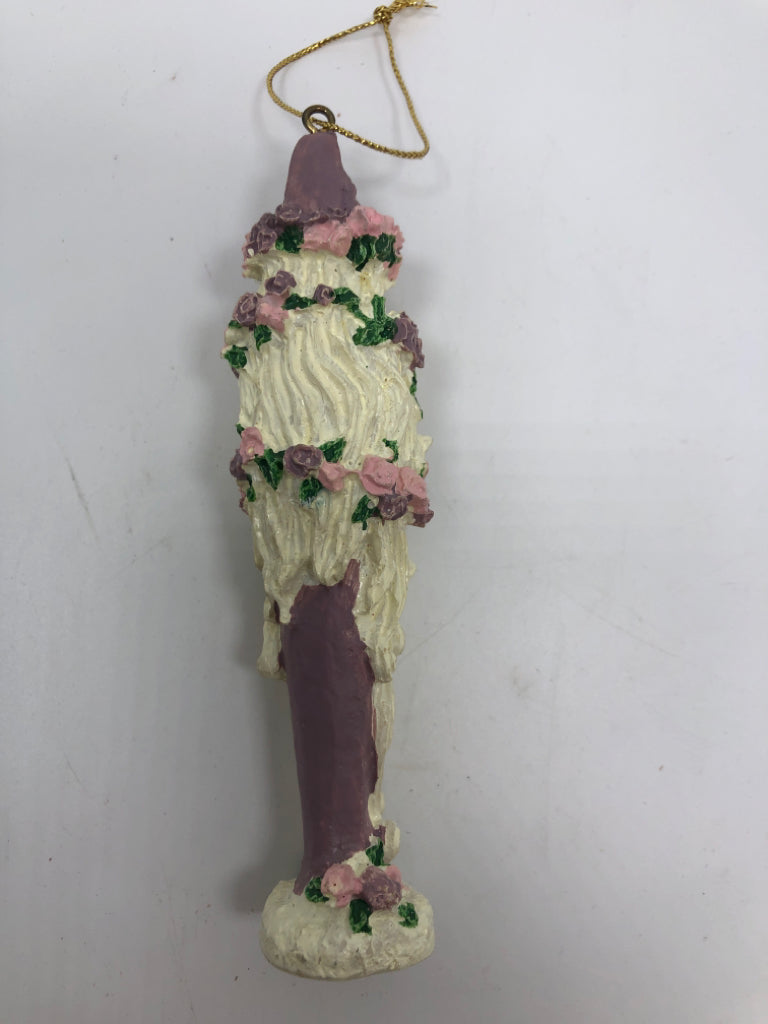 PURPLE FLORAL SANTA ORNAMENT.