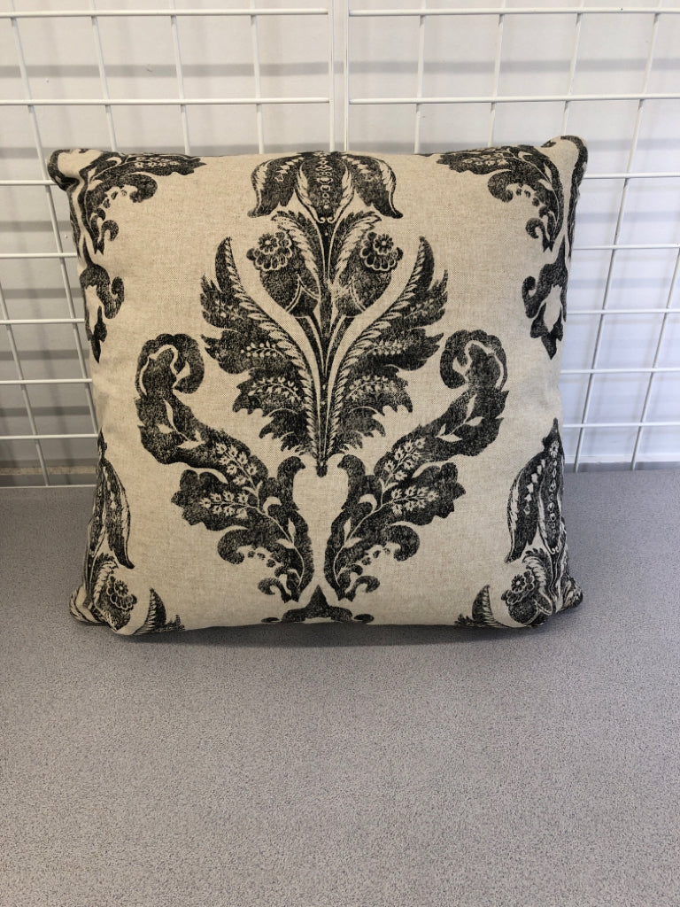 BLACK & CREAM DAMASK DECORATIVE PILLOW.