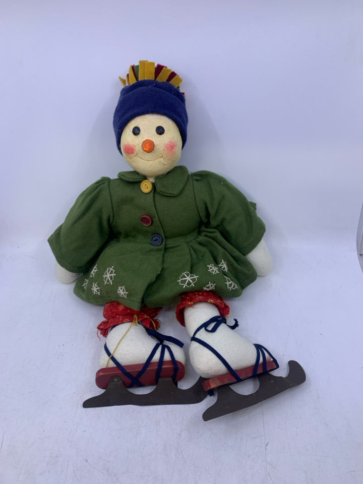 PRIMITIVE STYLE SNOWMAN W/ GREEN SHIRT ICE SKATES.