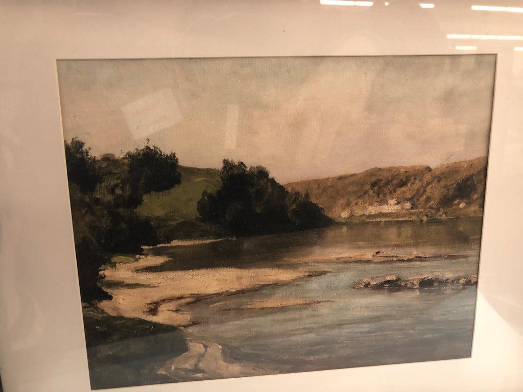 LAKE WITH GREEN TREES FRAMED PRINT.