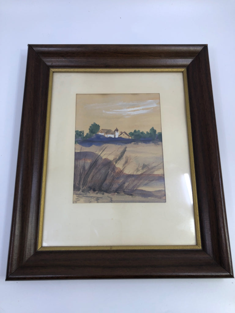 MARSH WATERCOLOR IN BROWN FRAME.