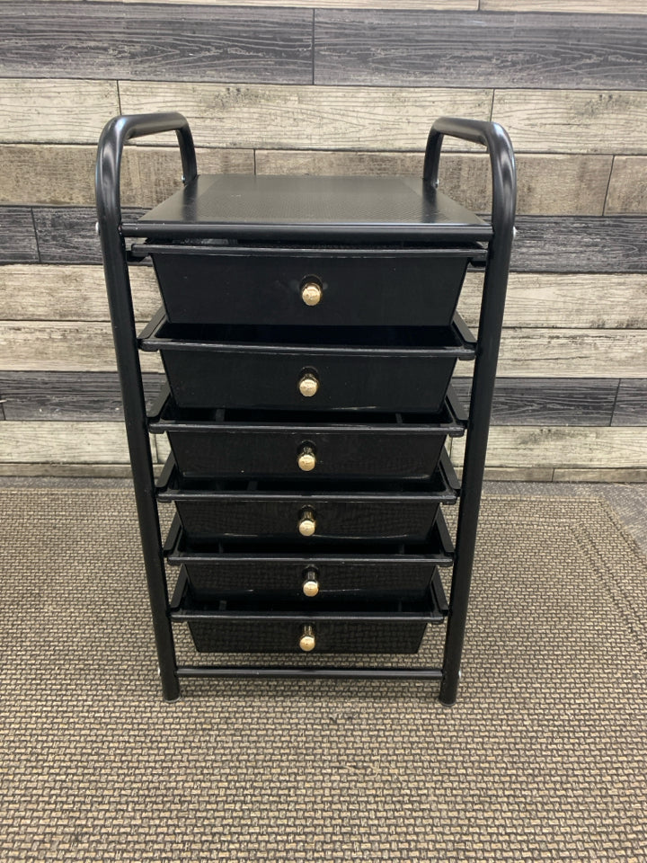 6-DRAWER BLACK ORGANIZER W/GOLD KNOBS.