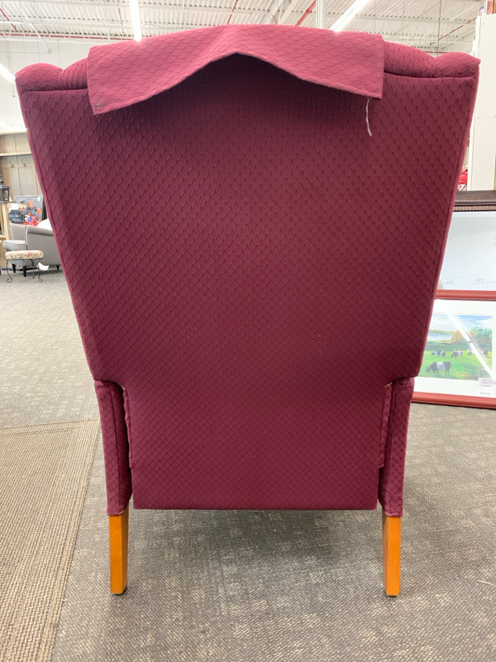 RED FABRIC ACCENT WING CHAIR, WOOD LEGS, THROW PILLOW.