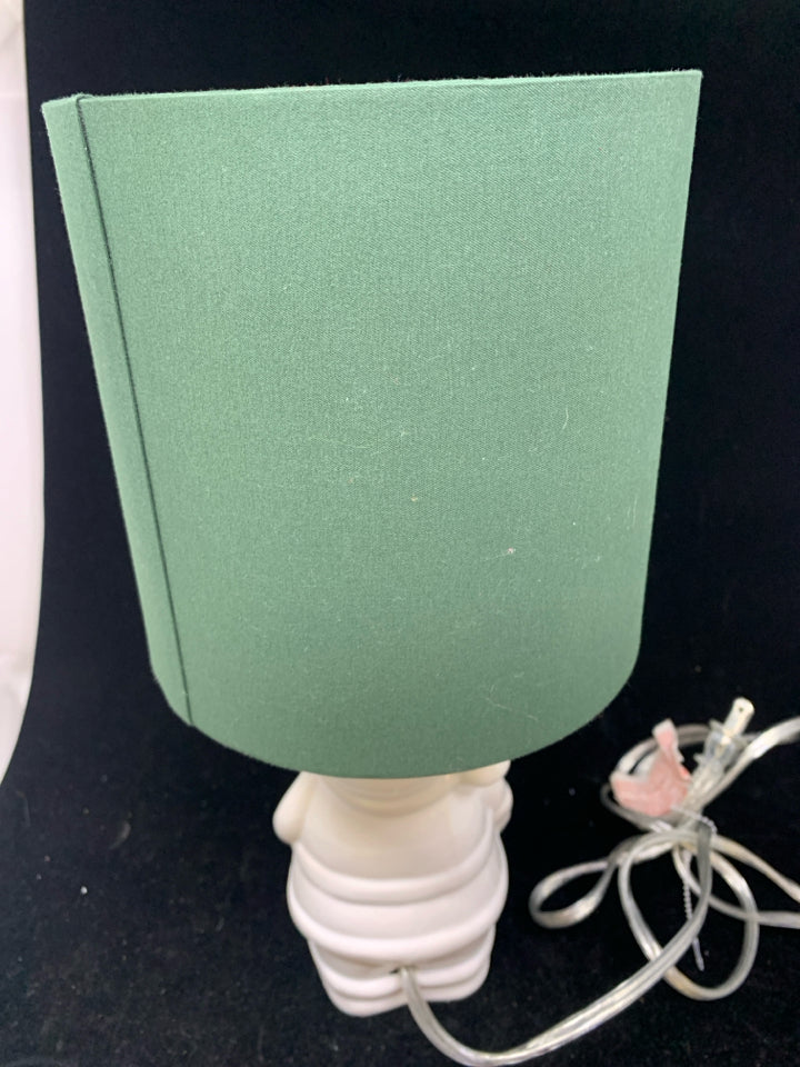 CERAMIC WHITE SANTA BASE W/ DARK GREEN SHADE.