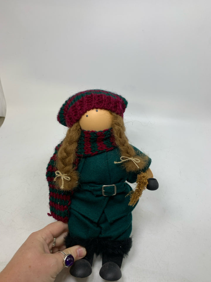 NWT LIZZIE HIGH WOOD DOLL W/ GREEN JUMPSUIT BRAIDS.
