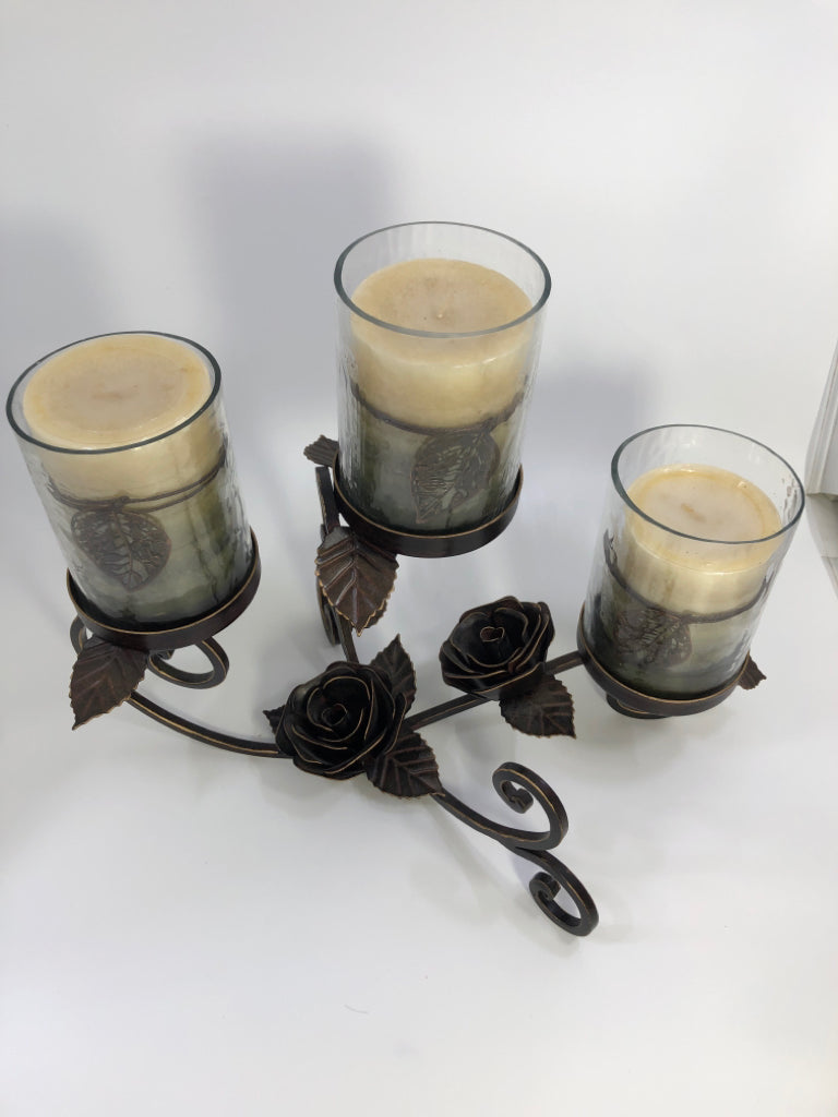BROWN ROSE METAL 3 GLASS PILLAR CANDLE HOLDER W/3 CANDLES.