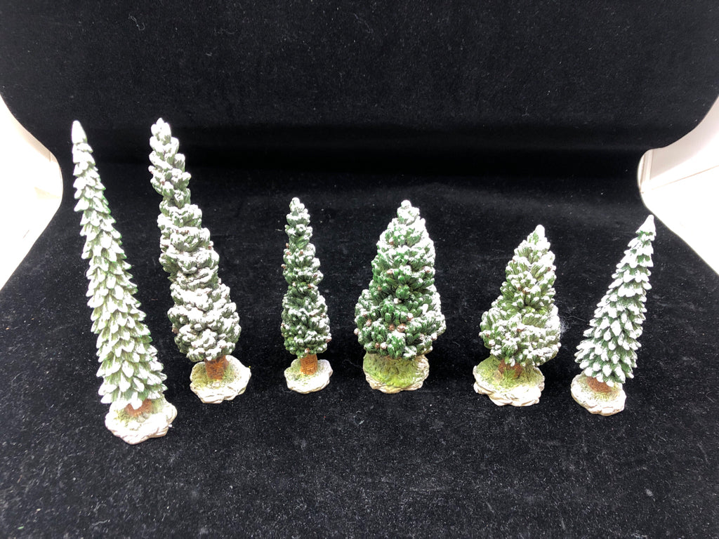 6 PC CERAMIC SNOWY EVERGREEN TREES - DEPT 56 IN BOX.