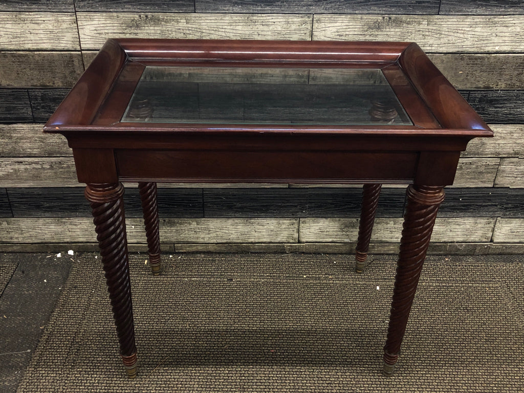 DRK WOOD SIDE TABLE W/GLASS TOP/SPIRAL LEGS.