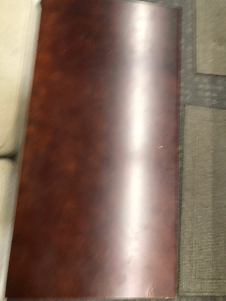 SMALL CHERRY WOOD CABINET W GLASS SHELVES AND DOORS.