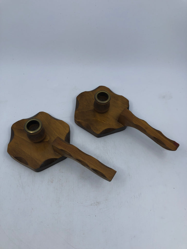 2 VTG WOOD TAPER CANDLE HOLDERS.
