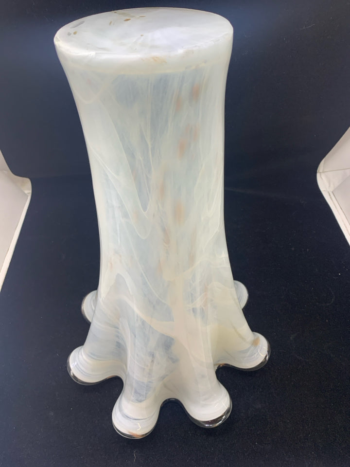 TALL WHITE GOLD SPECKLE GLASS VASE.