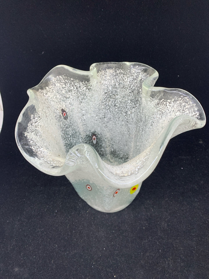 WAVY FROSTED VASE/CANDLE HOLDER W/ COLORED DESIGN.
