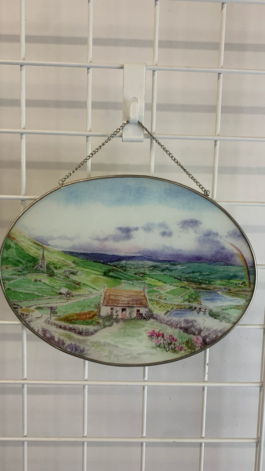 HAND PAINTED LANDSCAPE SCENE IN GLASS HANGING.
