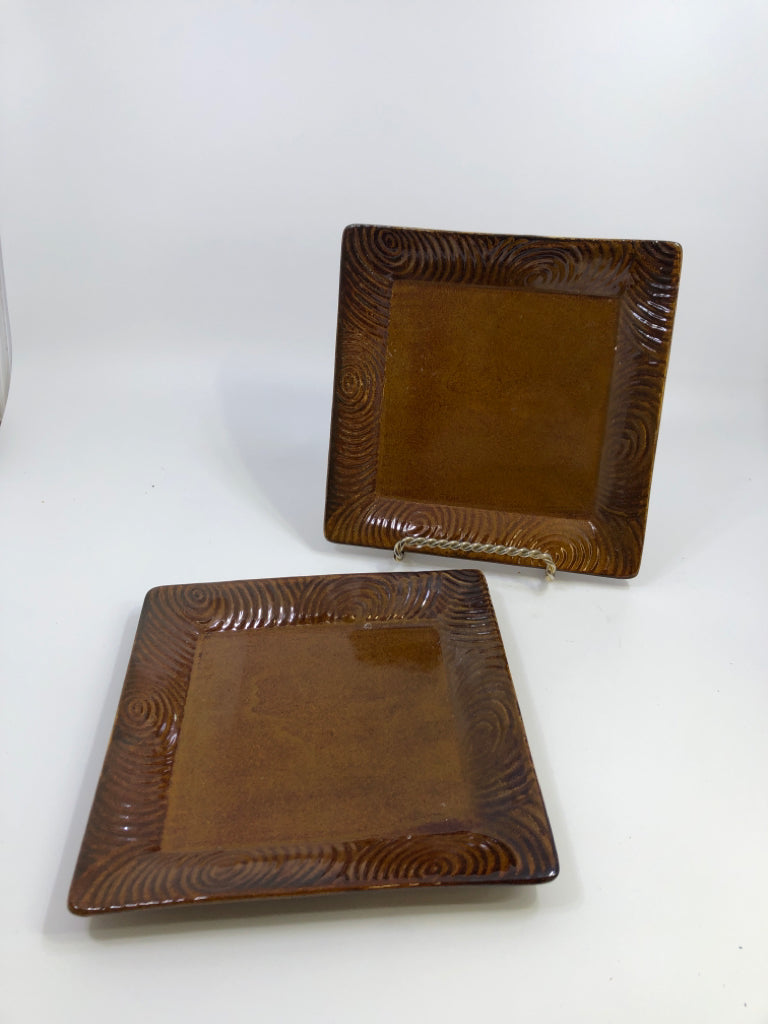 2 BROWN SQUARE APPETIZER PLATE.