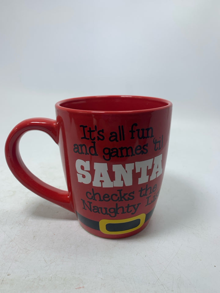 LARGE RED IT'S ALL FUN & GAMES 'TILL SANTA MUG.