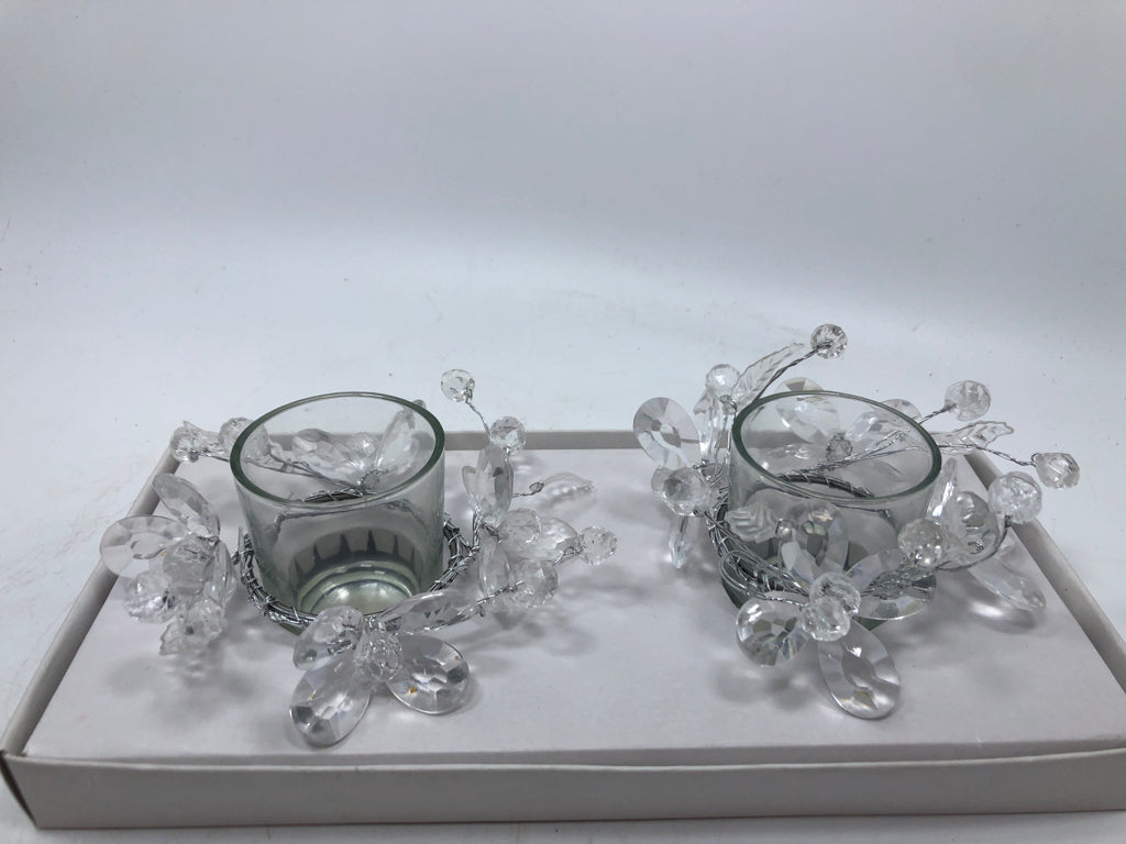 2 FLOWER GEM GLASS VOTIVE HOLDERS IN BOX.
