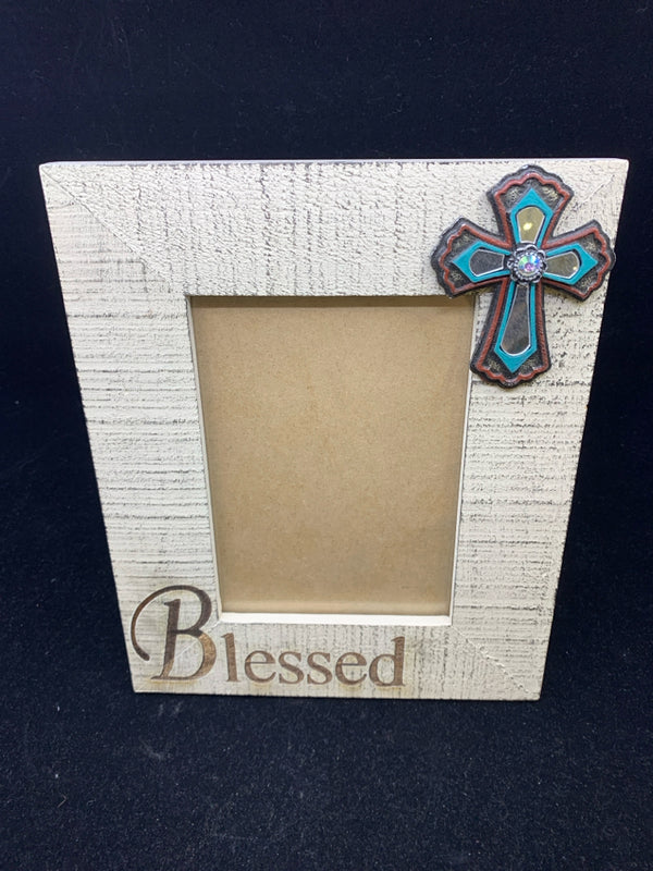 "BLESSED" WOODEN PICTURE FRAME WITH CROSS.