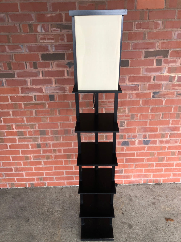 5 SHELF BLACK STANDING LAMP W/CREAM SHADE.