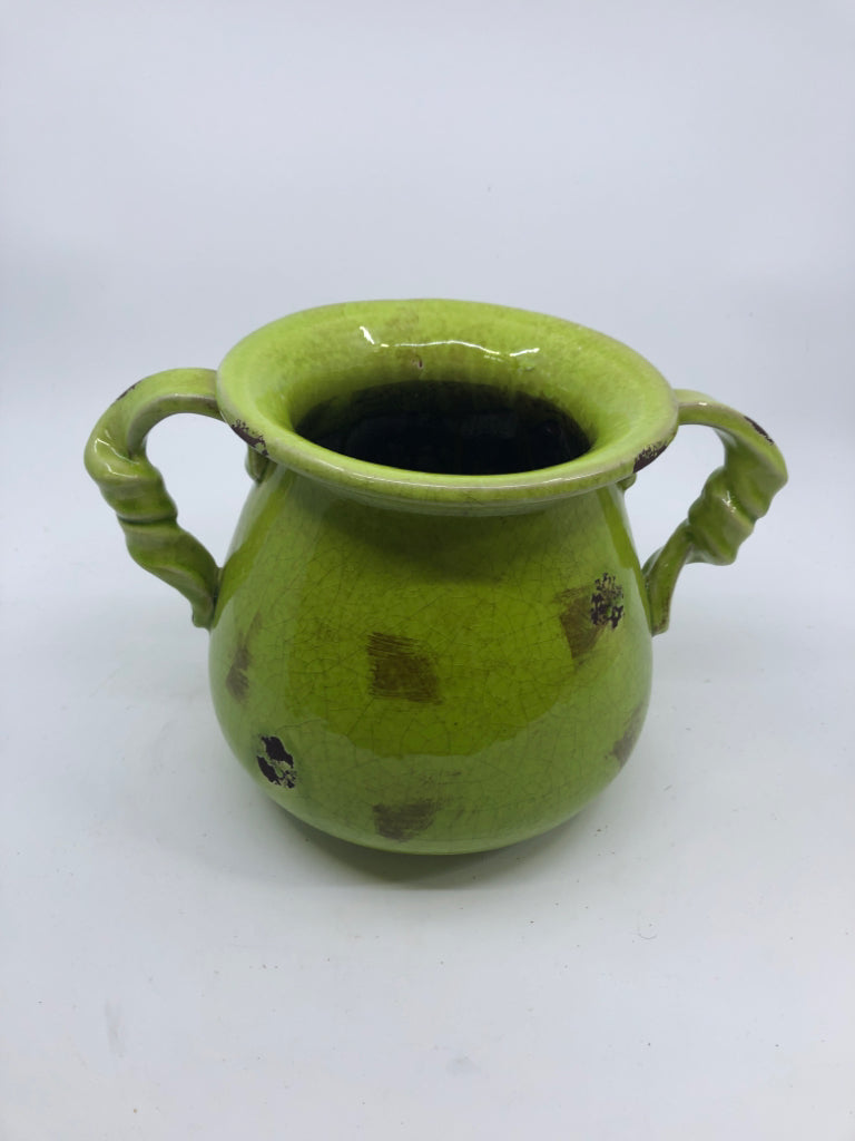 DISTRESSED LIME GREEN CERAMIC PLANTER CRACKLE DESIGN BRAIDED HANDLES.