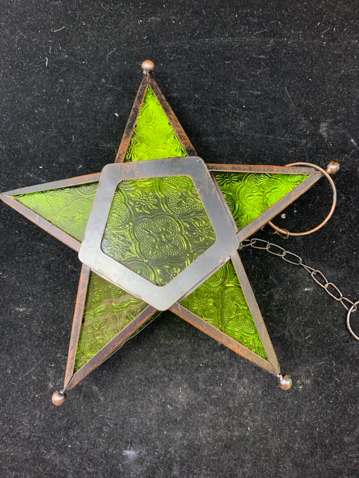GREEN GLASS STAR TEA LIGHT HOLDER HANGING.