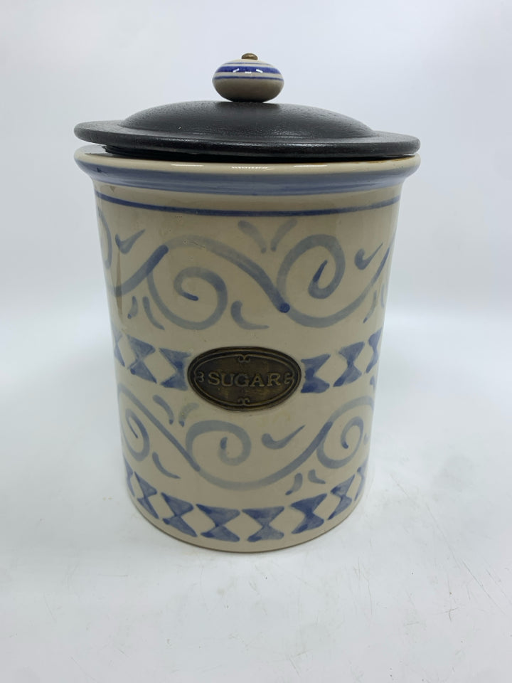 BLUE SCROLL PAINTED SUGAR CANISTER W/WOOD LID.