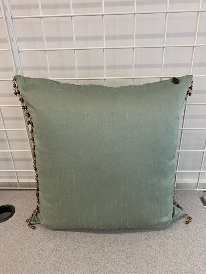 TEAL PAISLEY PILLOW W/BEADED FRINGE.