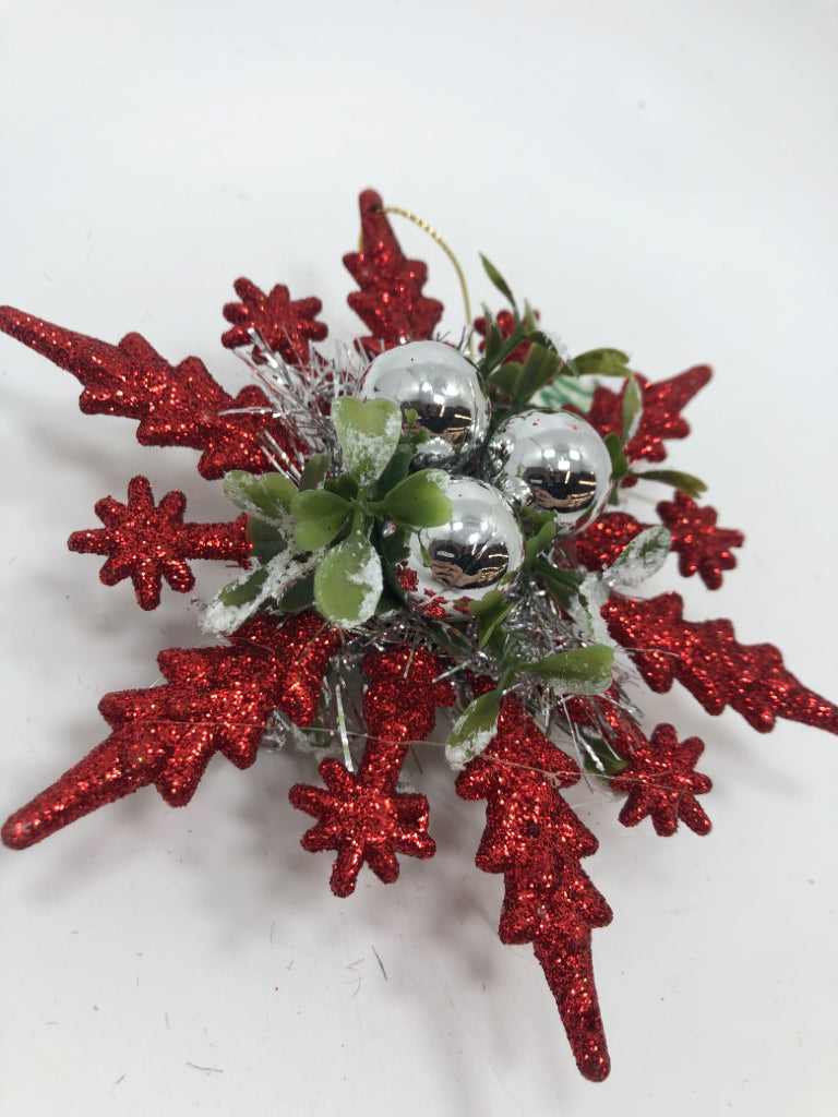 RED GLITTER SNOWFLAKE ORNAMENT W/SILVER BELLS.