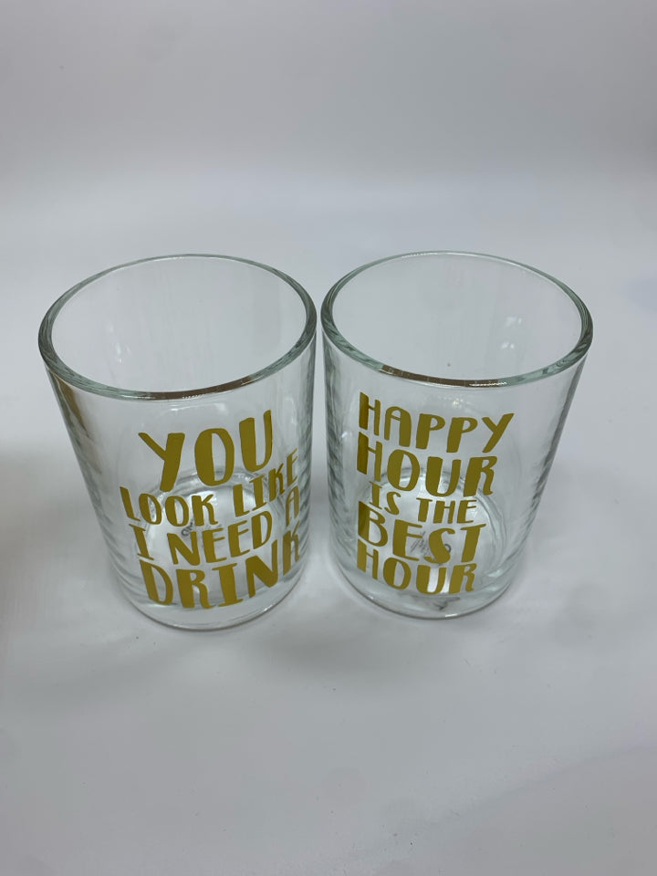 2 NIB HAPPY HOUR GLASSES W/GOLD LETTERING.